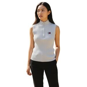 Tommy Jeans Ribbed Mock Neck Sleeveless Zip Sweater Top Women's Size M‎
